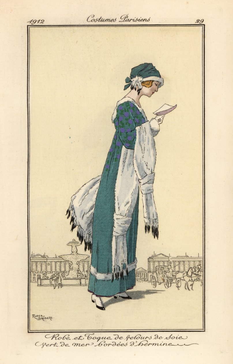 Mujer leyendo una carta con vestido y sombrero de copa de terciopelo de seda verde mar ribeteado de armiño. Chal y manguito de armiño, grabado pochoir (estarcido) coloreado a mano según una ilustración de Roger Broders del Journal des Dames et des Modes de de Roger Broders
