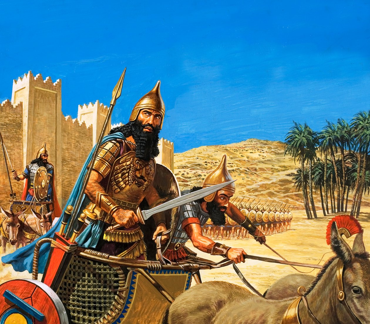 El rey Hammurabi va a la guerra, su carro tirado por asnos de una raza particularmente dura de Roger Payne