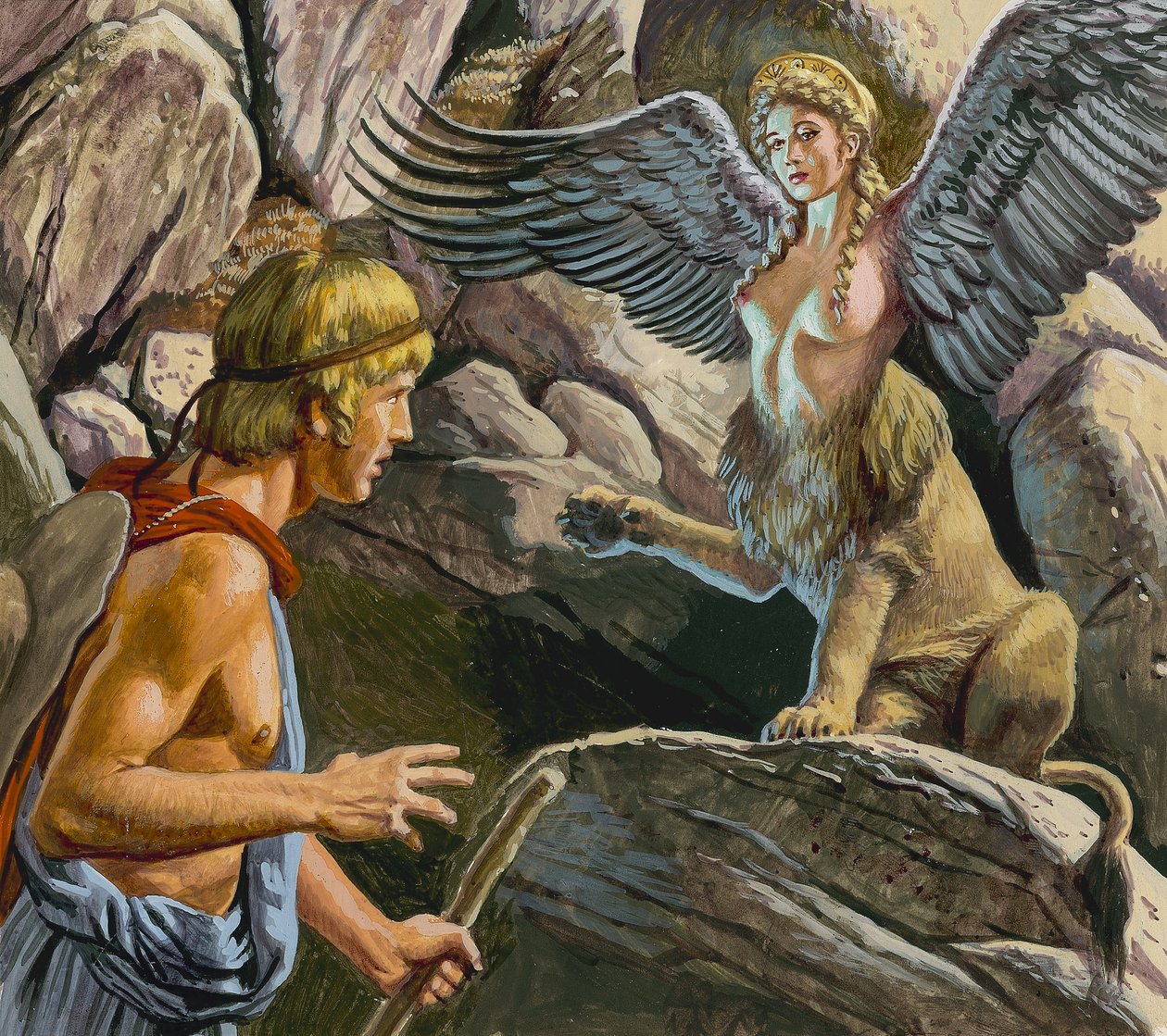 Edipo al encuentro de la Esfinge (gouache sobre papel) de Roger Payne