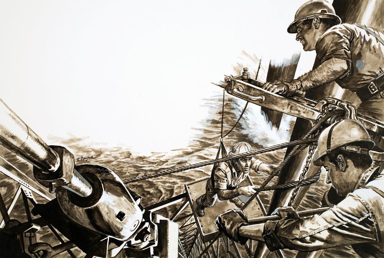 Petroleros en una plataforma del Mar del Norte (gouache sobre papel) de Roger Payne