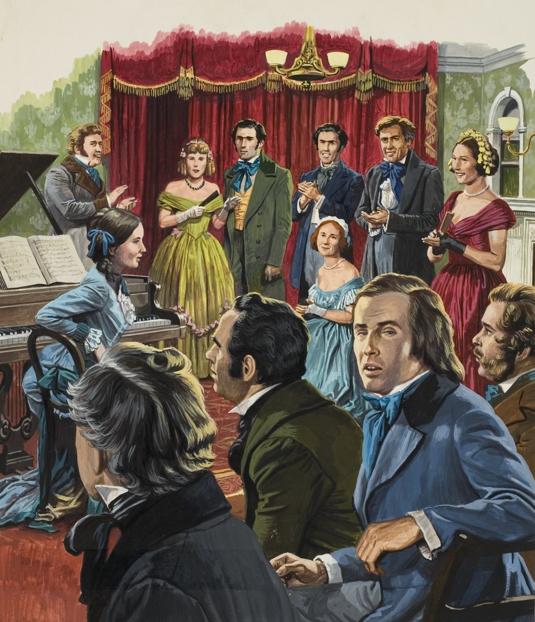 Robert Schumann (1810-1856) en un recital de su obra (gouache sobre papel) de Roger Payne