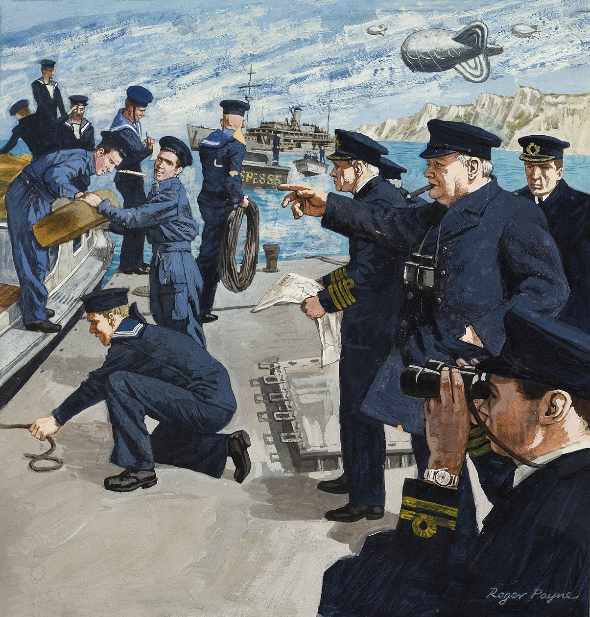 Winston Churchill (1874-1965) en escena naval (gouache sobre papel) de Roger Payne