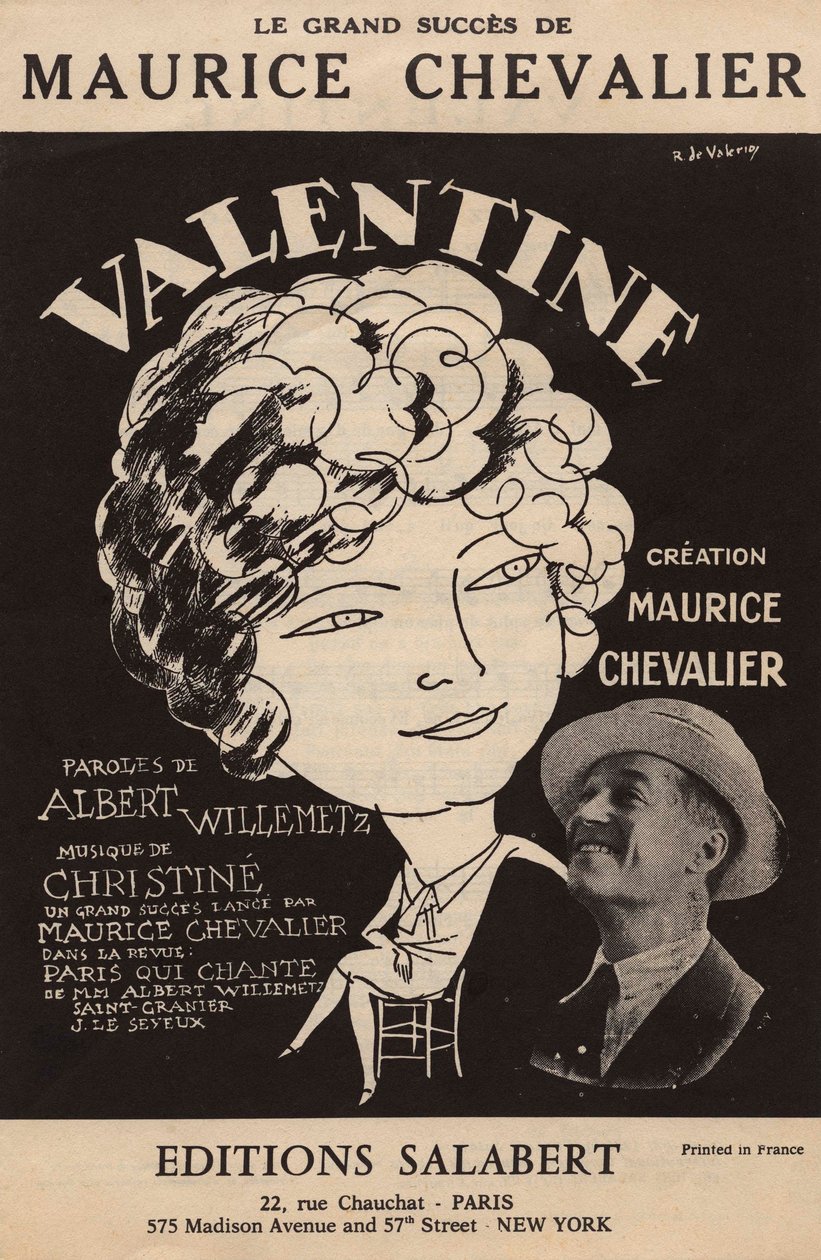 Portada de la partitura del gran éxito de Maurice Chevalier "Valentine" letra de Albert Willemetz música de Christine ediciones Salabert, c.1925 (impresión) de Roger de Valerio