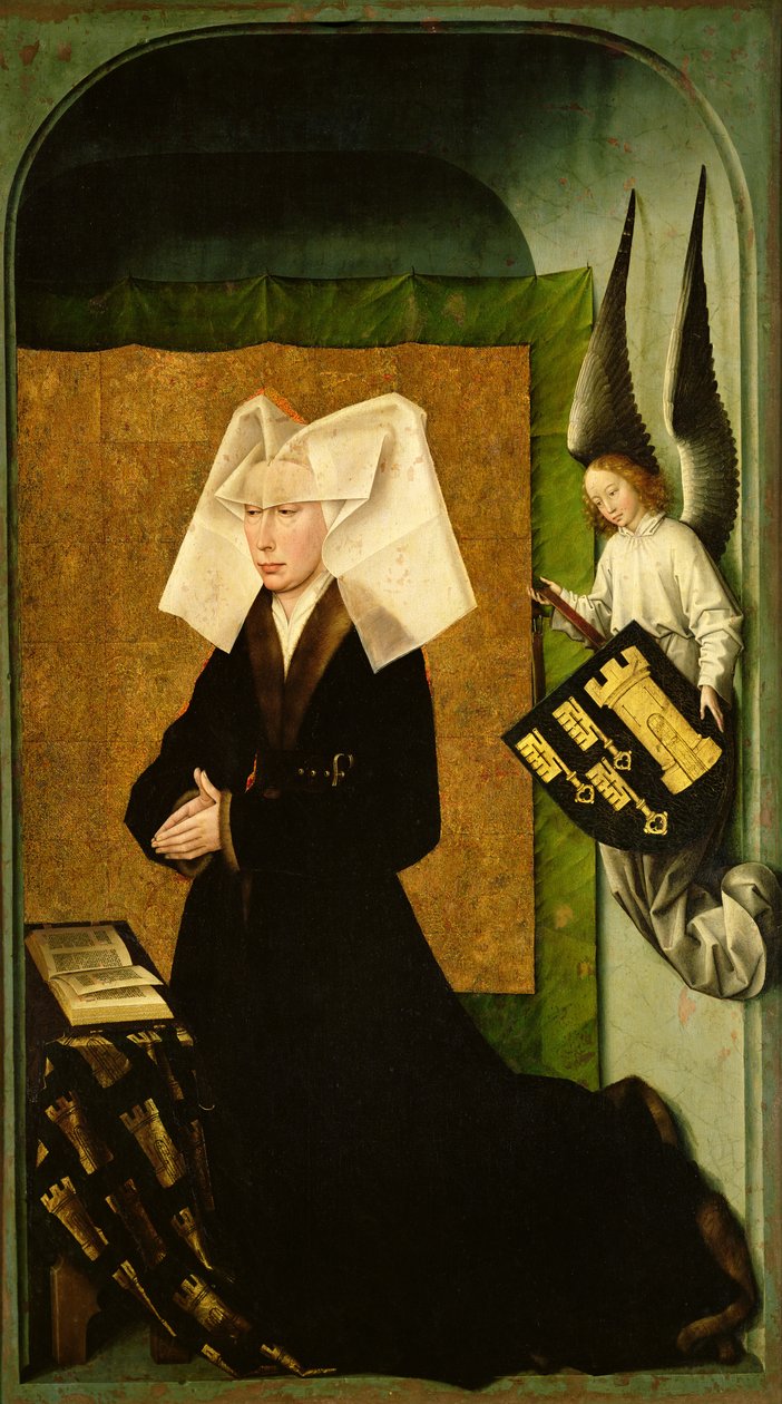 Guigone de Salins, esposa del donante, el canciller Nicholas Rolin, arrodillada en oración, del reverso del políptico del Juicio Final, c.1445-50 de Rogier van der Weyden