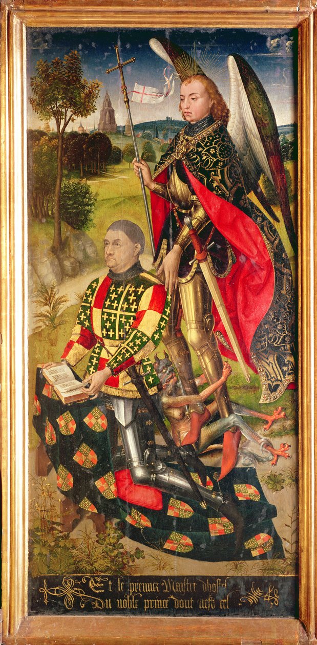 Panel derecho, del políptico del altar mayor, que representa al donante del retablo, Michel de Chaugy, 1460-66 de Rogier van der Weyden