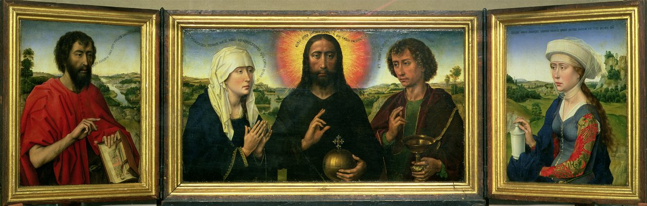 El tríptico de la familia Braque: (Izq. a Der.) San Juan Bautista, Cristo Redentor entre la Virgen y San Juan Evangelista, Santa María Magdalena (detalle) de Rogier van der Weyden