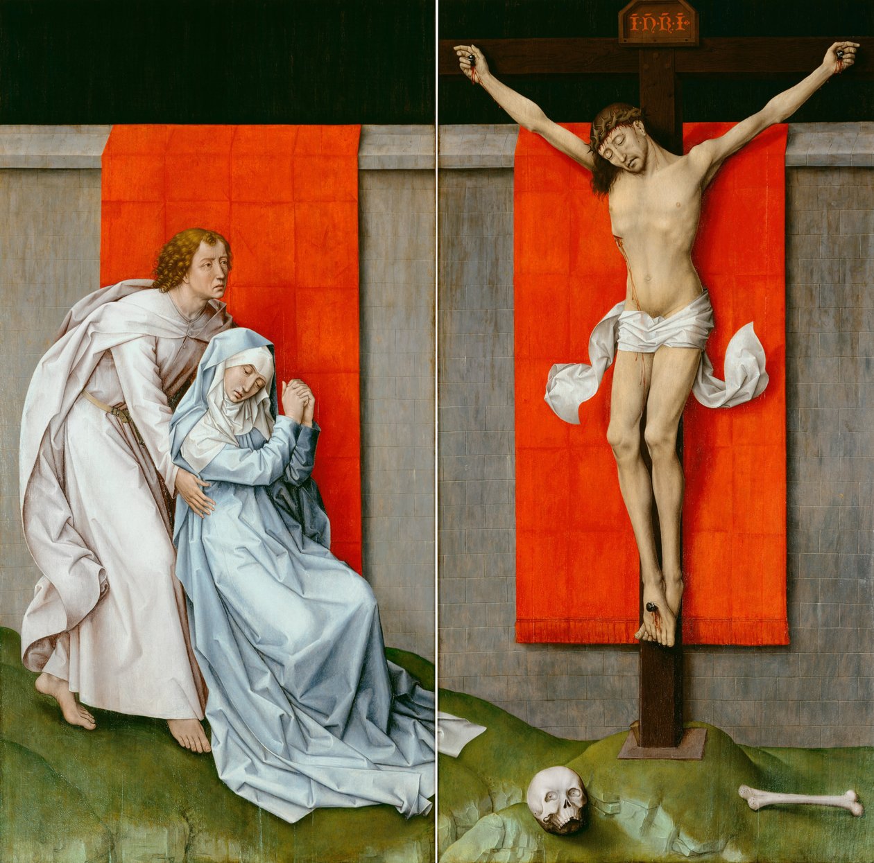 La Crucifixión, con la Virgen y San Juan Evangelista de luto de Rogier van der Weyden