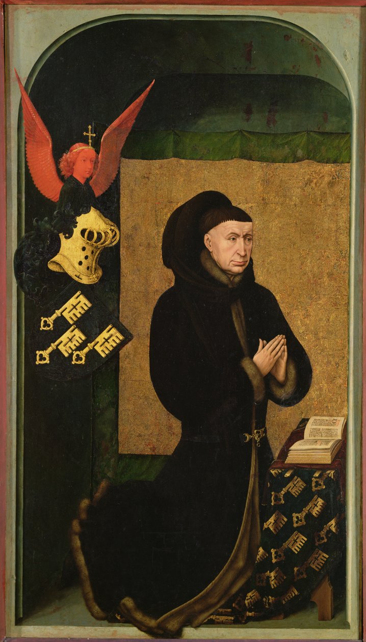 El donante, canciller Nicolás Rolin, arrodillado en oración, del reverso del políptico del Juicio Final, c.1445-50 de Rogier van der Weyden