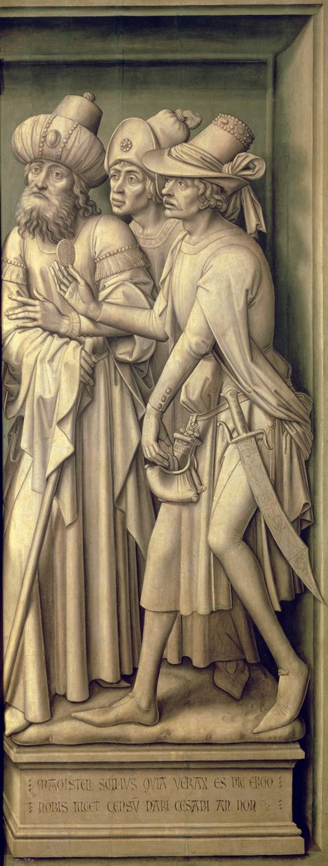 Tres fariseos con la moneda de César, del Tríptico de la Redención de Rogier van der Weyden