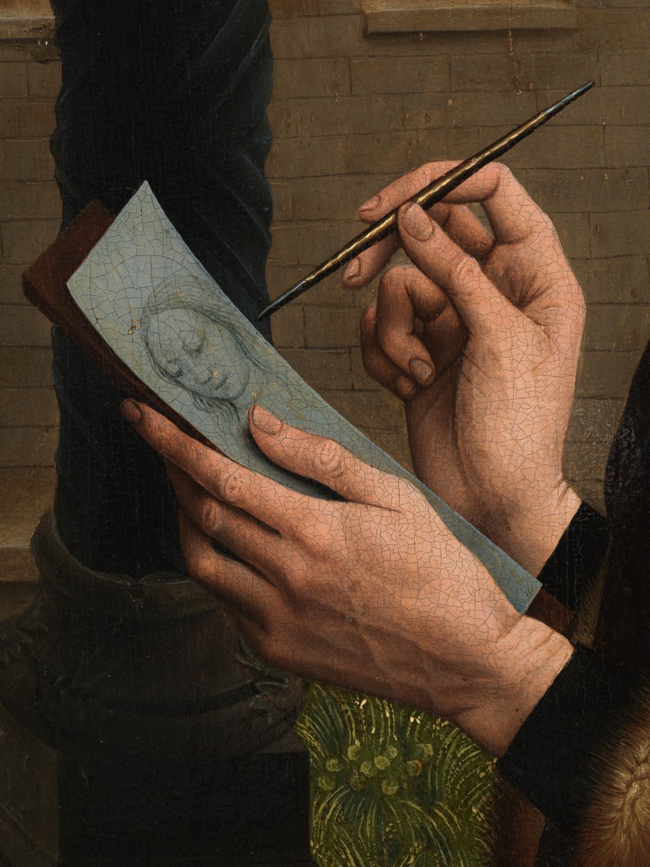 Detalle de San Lucas dibujando el retrato de la Virgen (óleo sobre tabla) de Rogier van der (after) Weyden