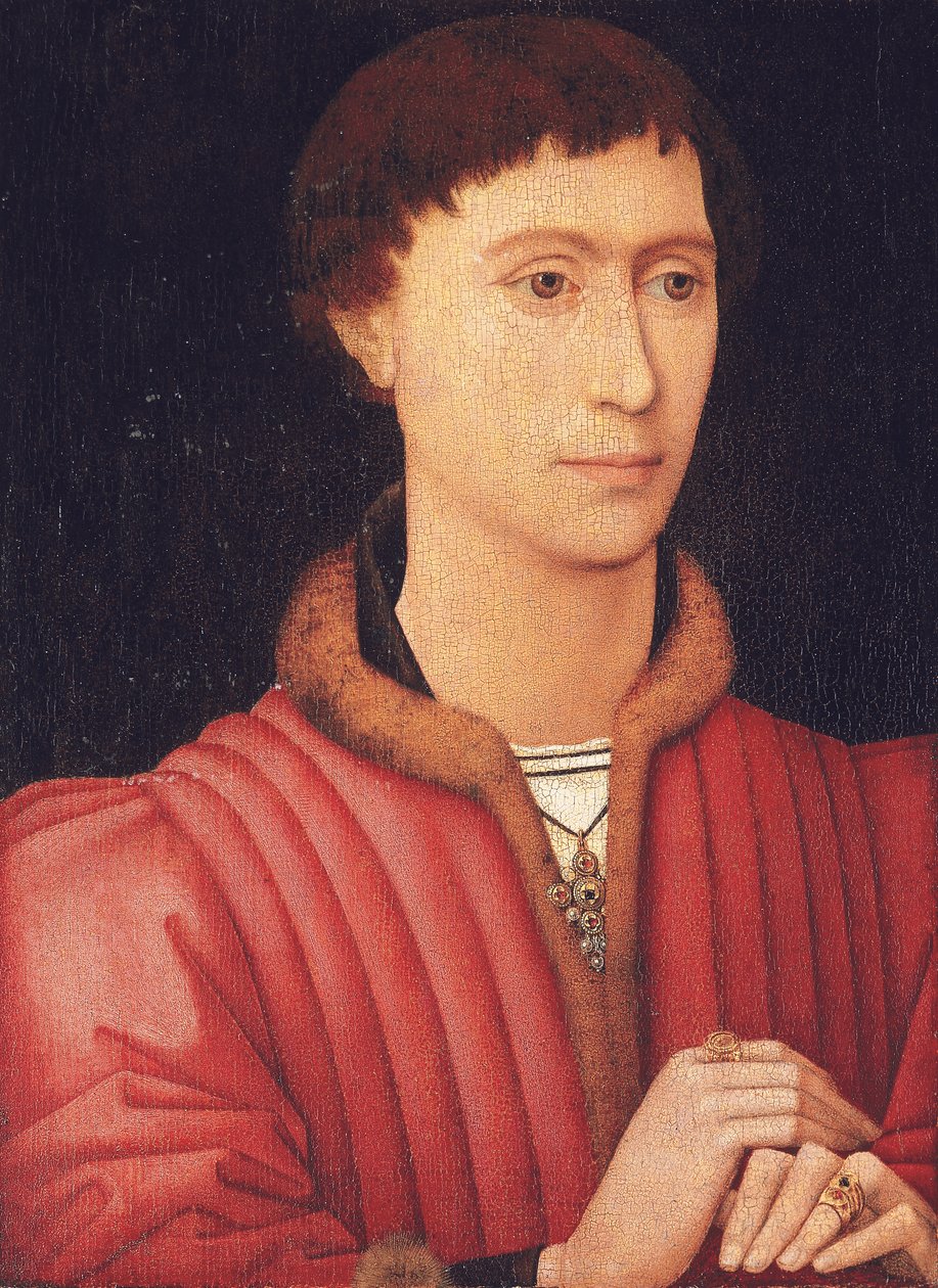 Retrato de un joven, de busto, con un jubón rojo adornado con pieles, c.1450-60 (óleo sobre tabla) de Rogier van der (circle of) Weyden