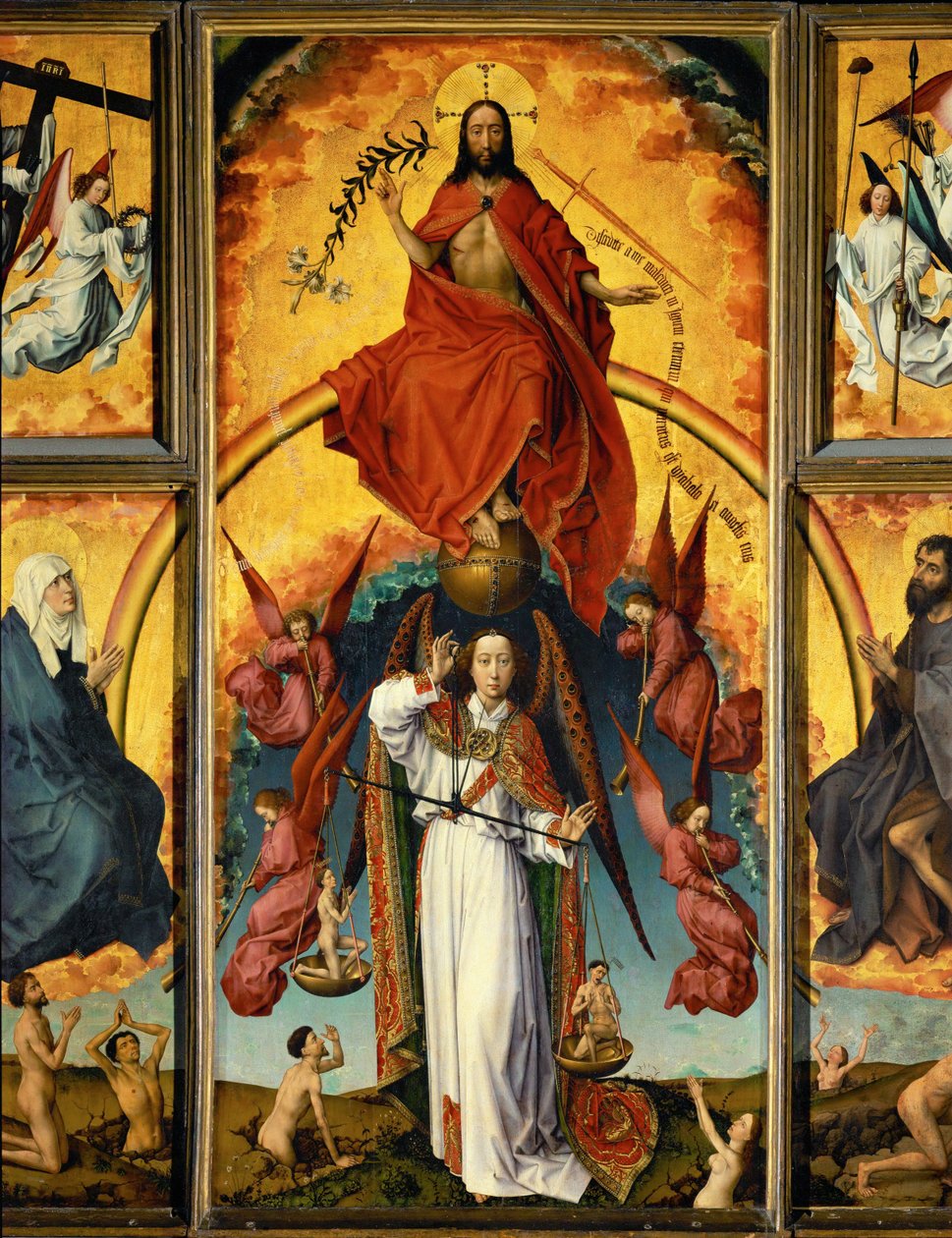 Altar del Juicio Final: Cristo-juez, arcángel Miguel pesando las almas, ángeles tocando las trompetas y llevando los instrumentos de la Pasión; Santa María y San Juan Bautista (ood) de Rogier van der Weyden