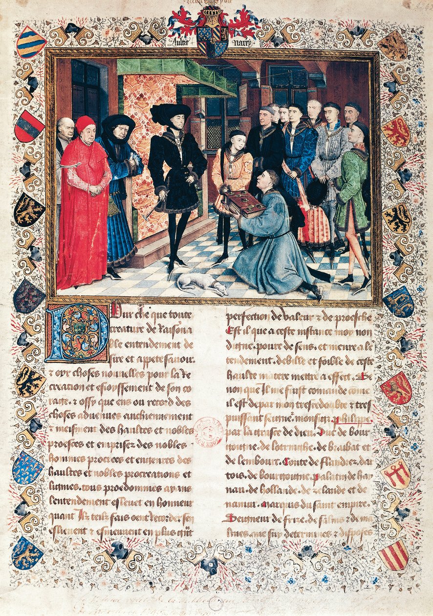 Presentación de las Crónicas de Henao al Duque de Borgoña Felipe el Bueno por Jean Wauquelin de Rogier van der Weyden