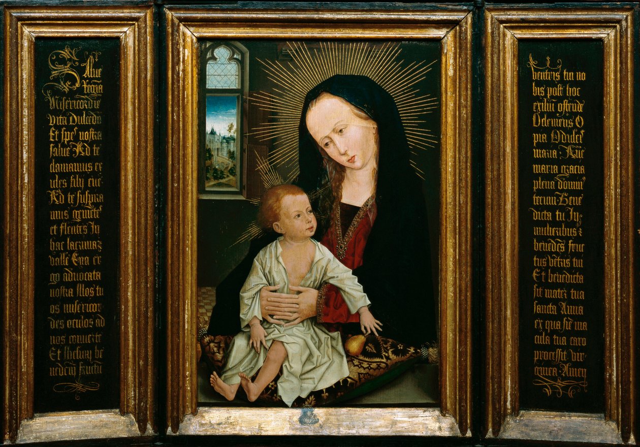 Salve Regina (Salve, Oh Reina, oración católica), representación de la Virgen y el Niño sosteniendo una pera de Rogier van der Weyden