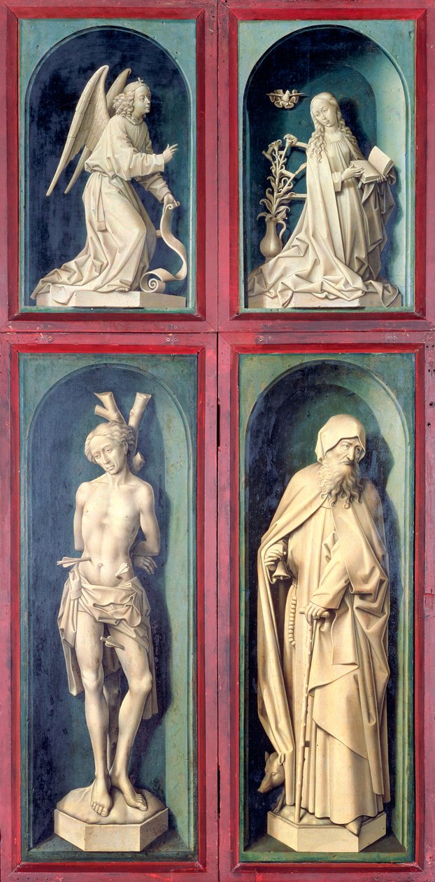 La Anunciación, San Sebastián y San Antonio el Grande, paneles del reverso del Juicio Final, c.1445-50 de Rogier van der Weyden