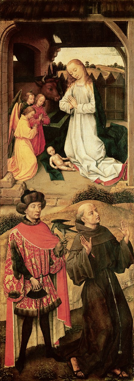 Tríptico del Calvario (panel izquierdo, la Natividad en la sección superior, San Francisco de Asís y posiblemente San Julián el Hospitalario en la sección inferior) de Rogier van der Weyden