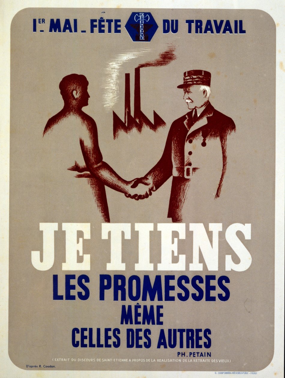 Cartel de propaganda emitido por el Mariscal Petain, líder de la Francia de Vichy, para la fiesta de los trabajadores del Primero de Mayo en la Francia de la guerra (cartel) de Roland Coudon