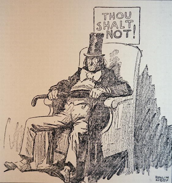 Thou Shalt Not", viñeta que condena el consumo de alcohol durante la Ley Seca estadounidense (1920-33) (litografía) de Rollin Kirby