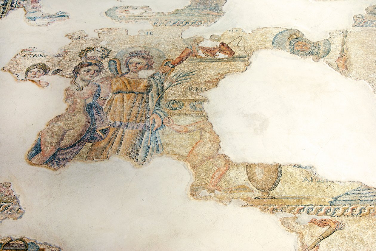 Un concurso de belleza entre Casiopea y las Nereidas juzgado por Aion, Casa de Aion, Pafos, Chipre de Roman