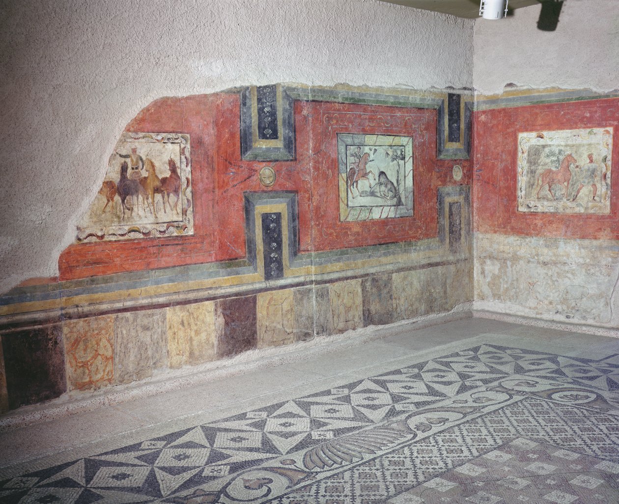 Recreación del interior de una casa romana, con suelos de mosaico y pinturas murales que representan escenas de circo y caza de Roman