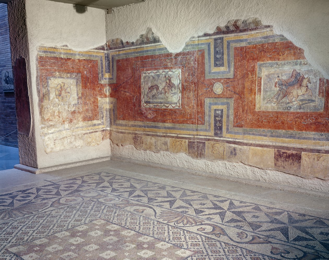 Recreación del interior de una casa romana, con suelos de mosaico y pinturas murales que representan escenas de circo y caza de Roman