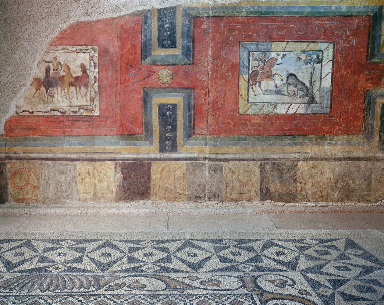 Una recreación del interior de una casa romana, con suelos de mosaico y pinturas murales que representan escenas de circo y caza de Roman