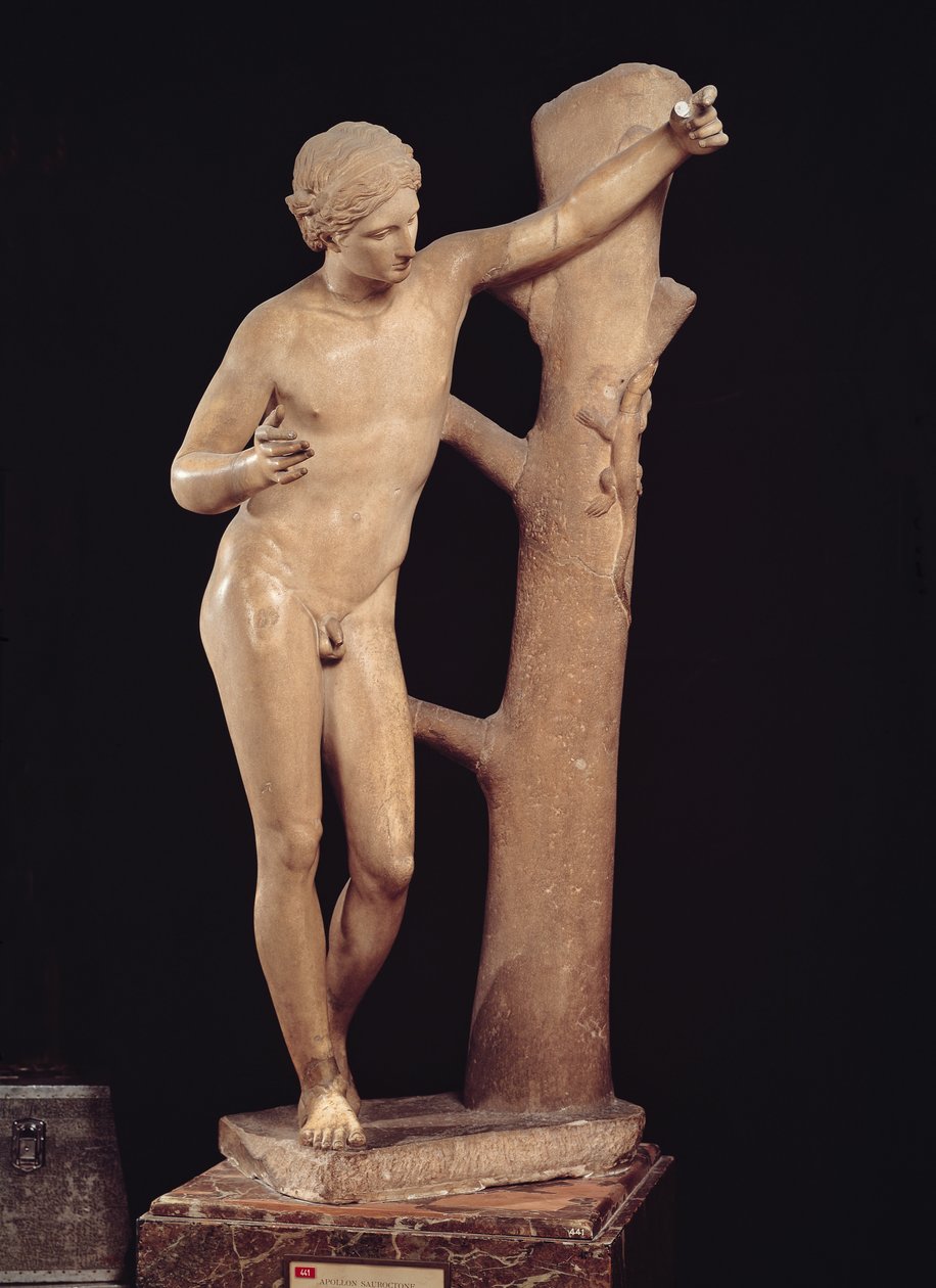 Apolo Sauroktonos (Asesino de Lagartos) copia romana de un bronce griego hecho c.350 a.C., atribuido a Praxiteles (fl.370-339 a.C.) (mármol) de Roman