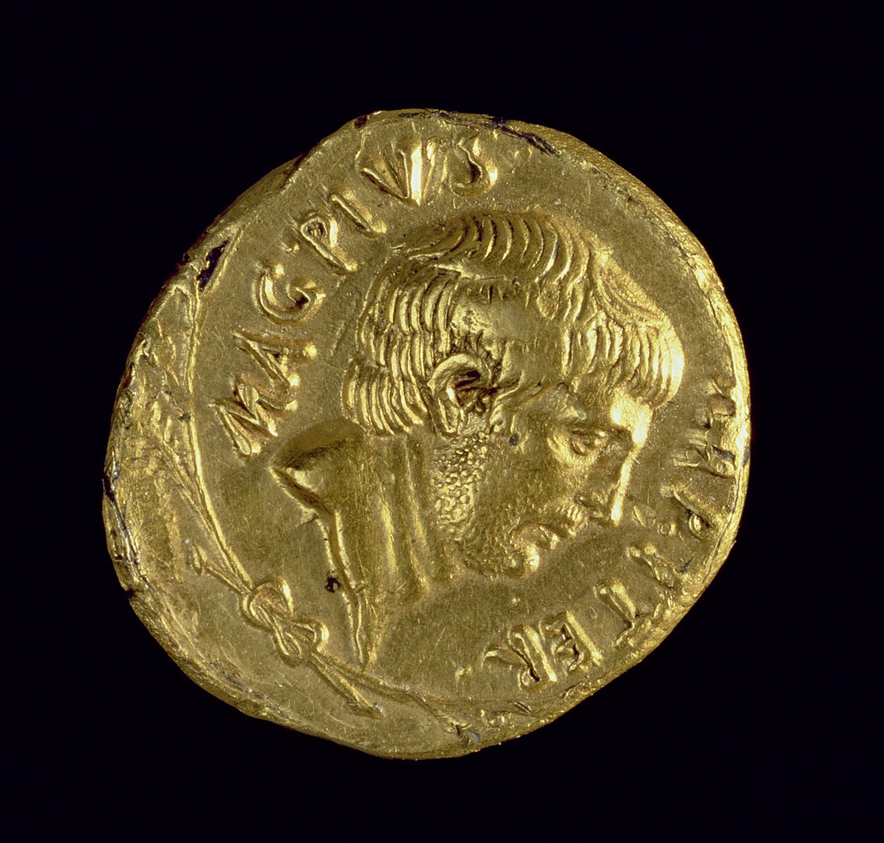 Áureo (anverso) con la cabeza descubierta de Sexto Pompeyo (78-35 a.C.) Inscripción: MAG PIVS IMP ITER de Roman