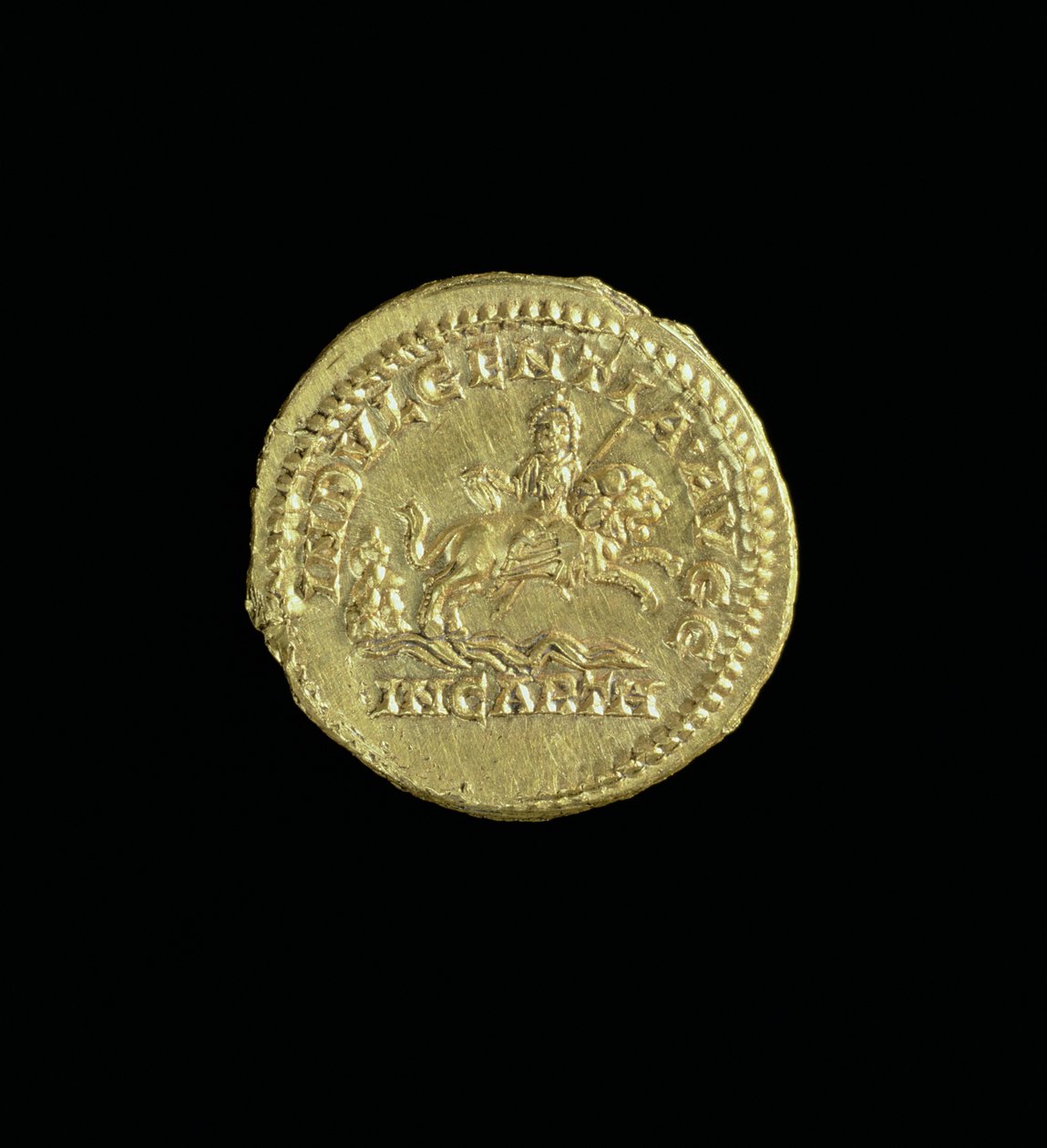 Áureo (reverso) de Caracalla (196-217 d.C.) que representa a la diosa Caelestis montando a la derecha en un león. Inscripción: INDVULGENTIA AVGG IN CARTH de Roman