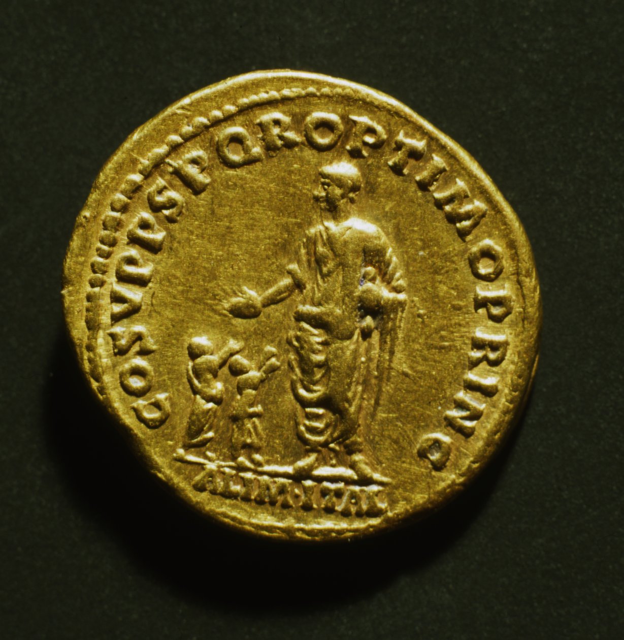 Áureo conmemorando la distribución de alimentos de Trajano a niños pobres, 107 AD de Roman