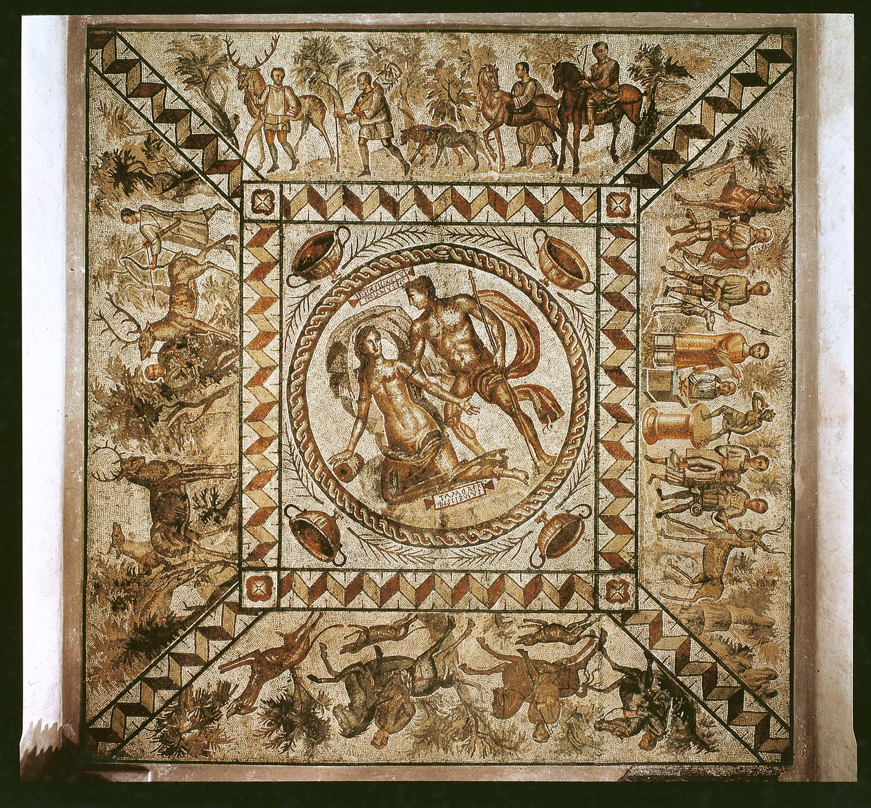 Dafne perseguida por Apolo rodeada de escenas de caza, firmado por Senius Felix, ciudadano de Pouzzoles de Roman