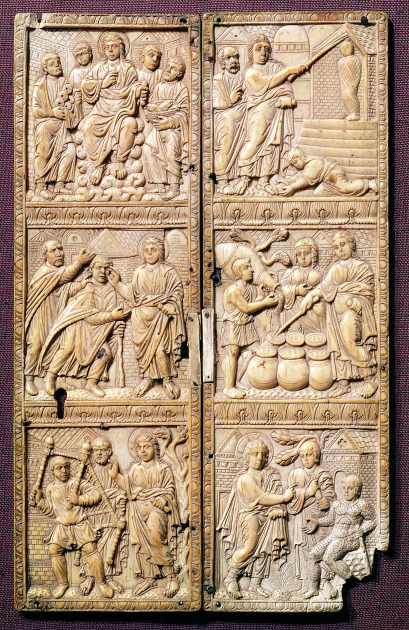 Díptico que Muestra los Milagros de Cristo, c.450-460 d.C. de Roman