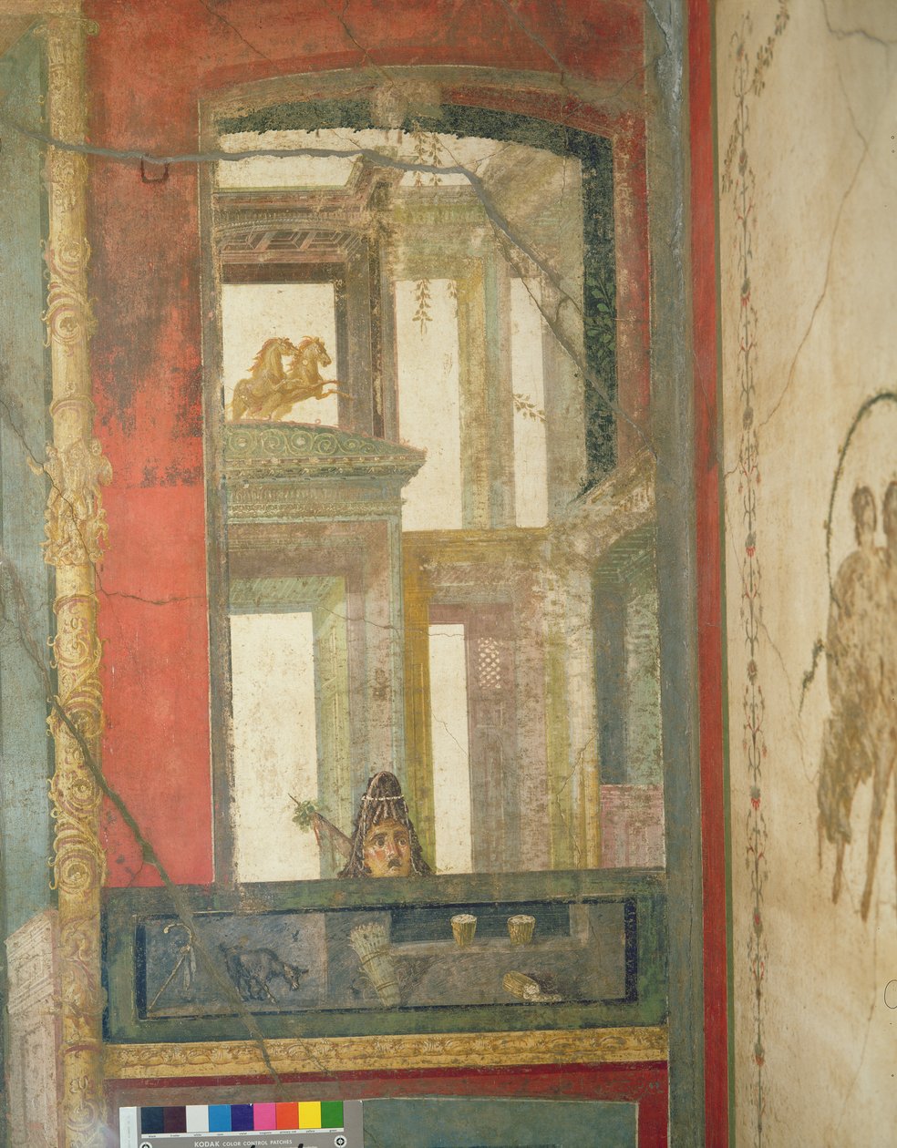 Arquitectura Fantástica con dos caballos y una máscara teatral, de la Casa de los Vettii, c.50-79 AD de Roman