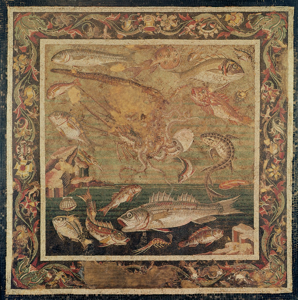 Peces, moluscos y crustáceos (mosaico) de Roman