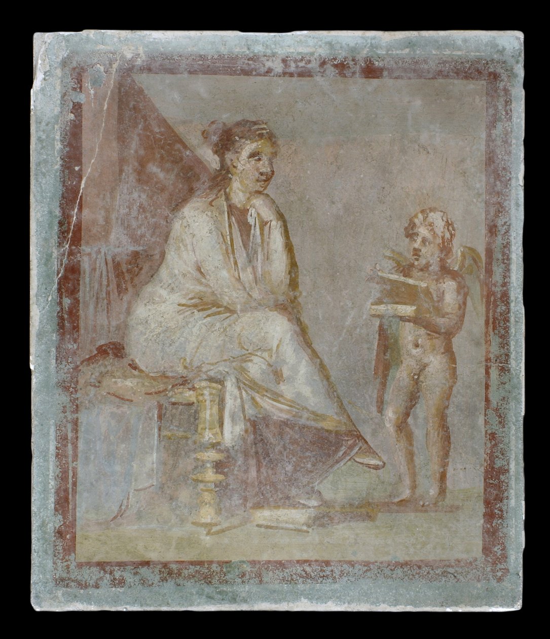 Viñeta enmarcada pintada al fresco en una pared verde: Cupido revela el contenido de una caja dorada a una mujer sentada, 65-75 d.C. de Roman