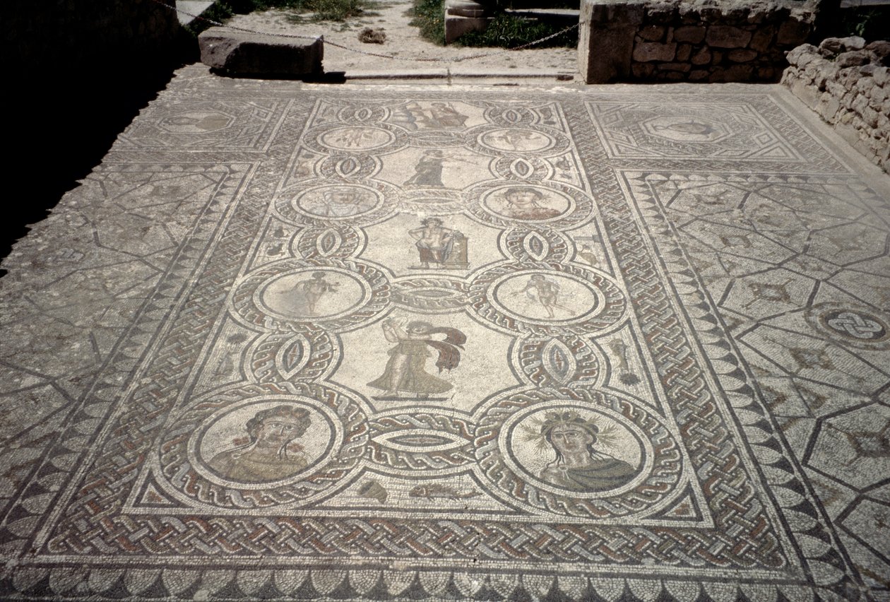 Dioses y diosas, del piso de la sala principal de una casa de Roman