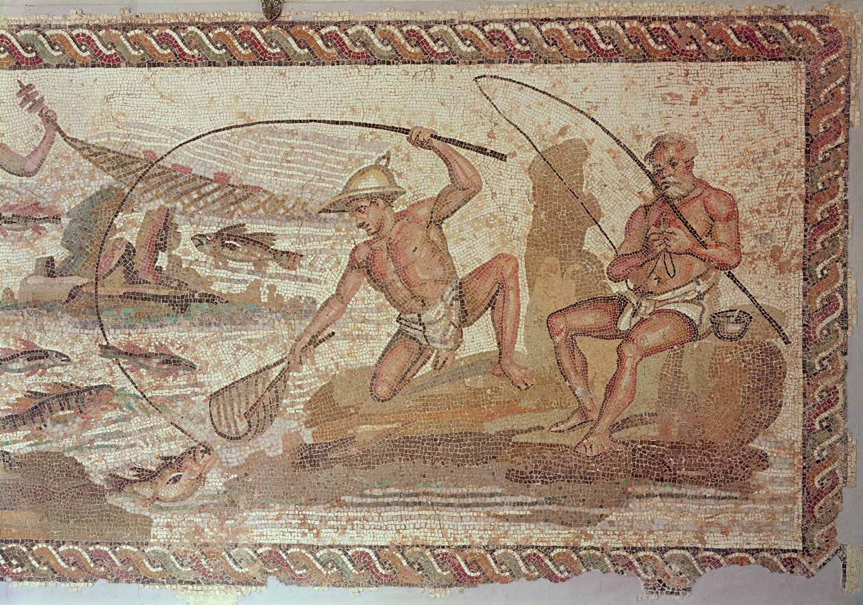 Hombres pescando en el Nilo, de Villa Nilo, Leptis Magna (mosaico) de Roman