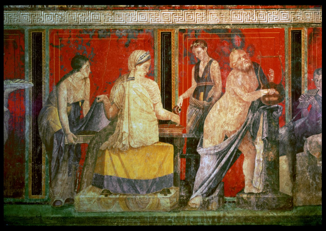 Ministrante llevando una bandeja de comida con Sileno tocando una lira y un joven sátiro tocando una siringa, Pared Norte, Oecus 5 de Roman