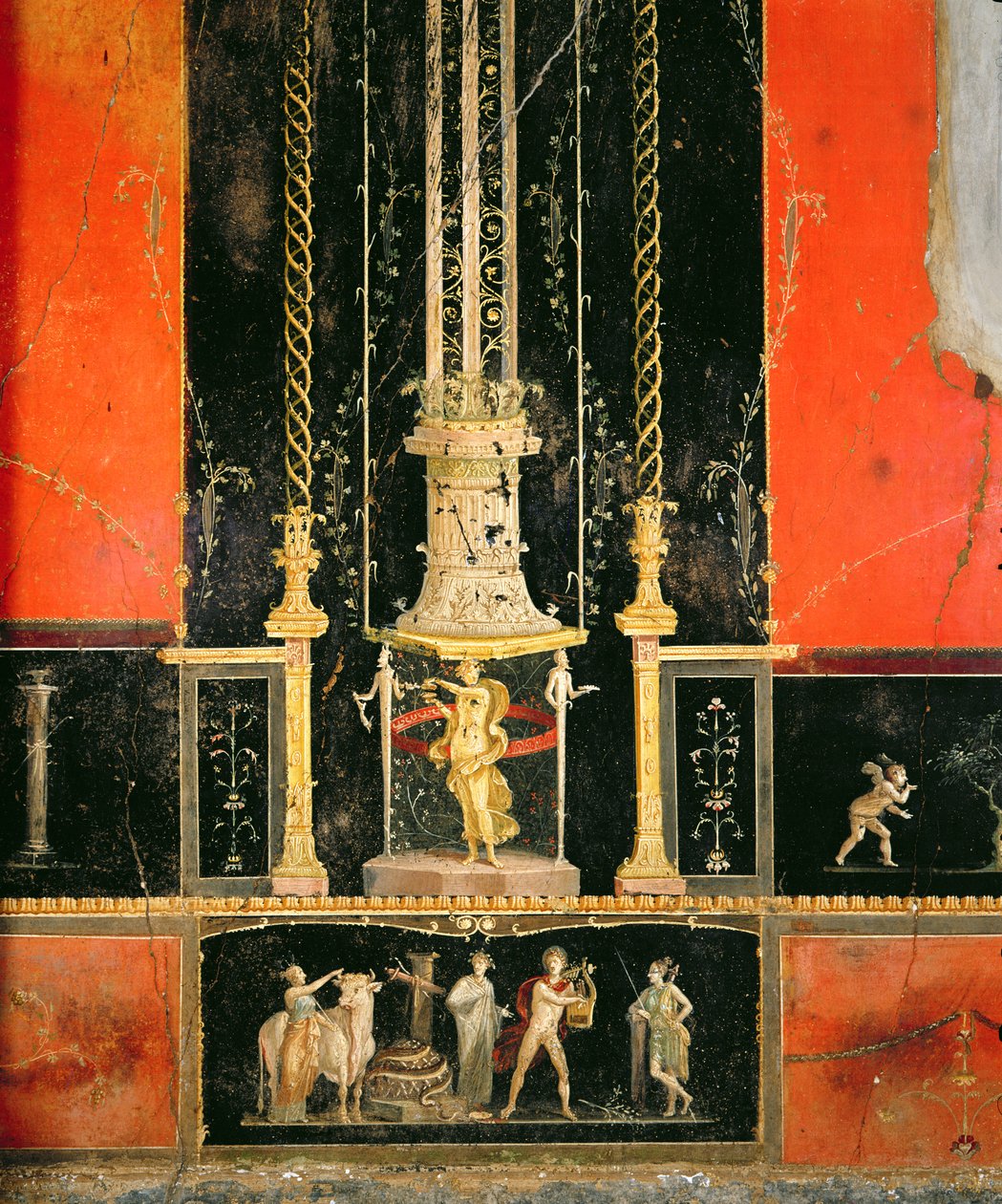 Detalles mitológicos y decorativos de la pared este en la Habitación de los Amantes, Casa dei Vettii, c.5-79 AD de Roman