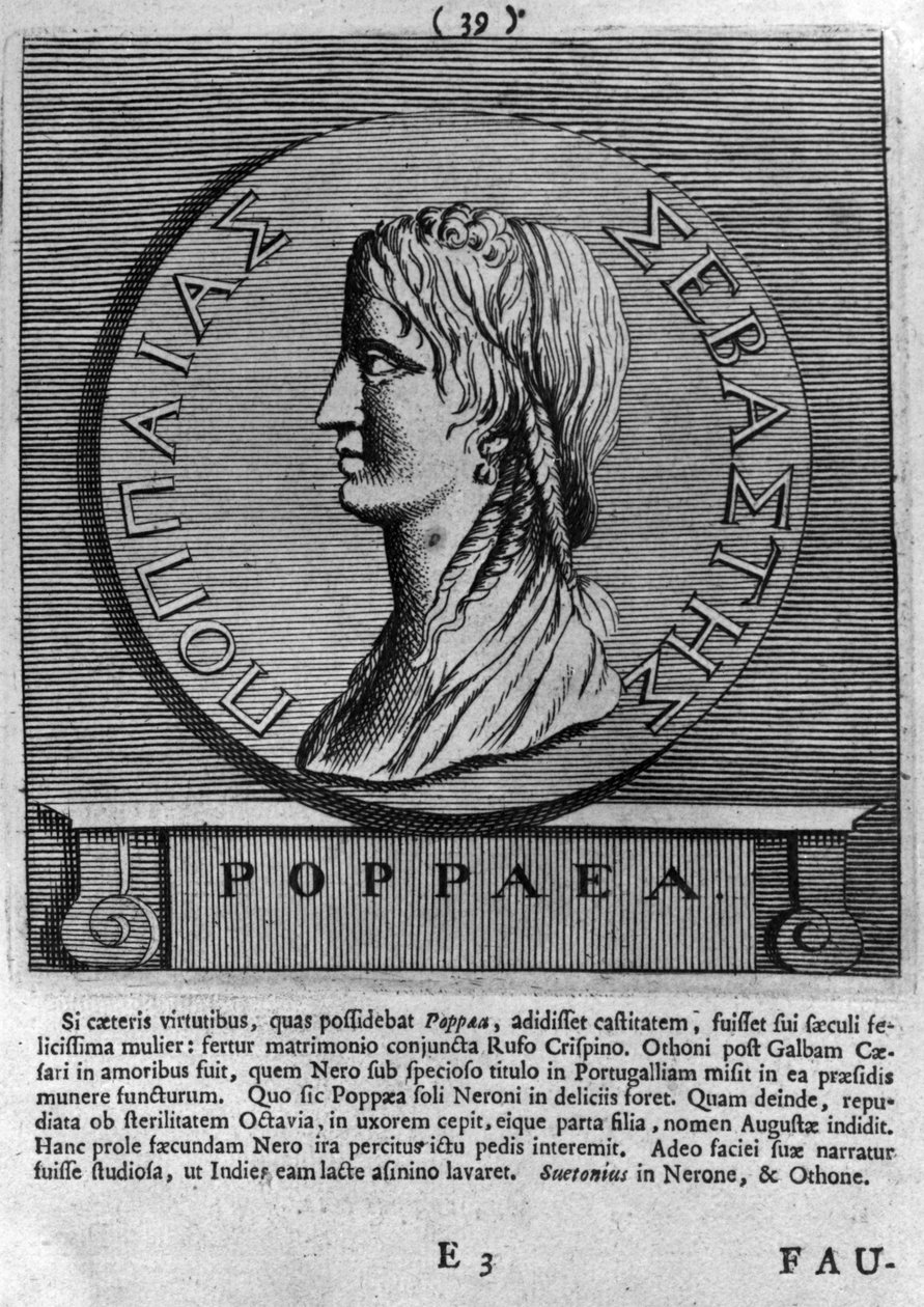 Poppaea Sabina, grabado de una moneda romana fechada en el 54-68 d.C.