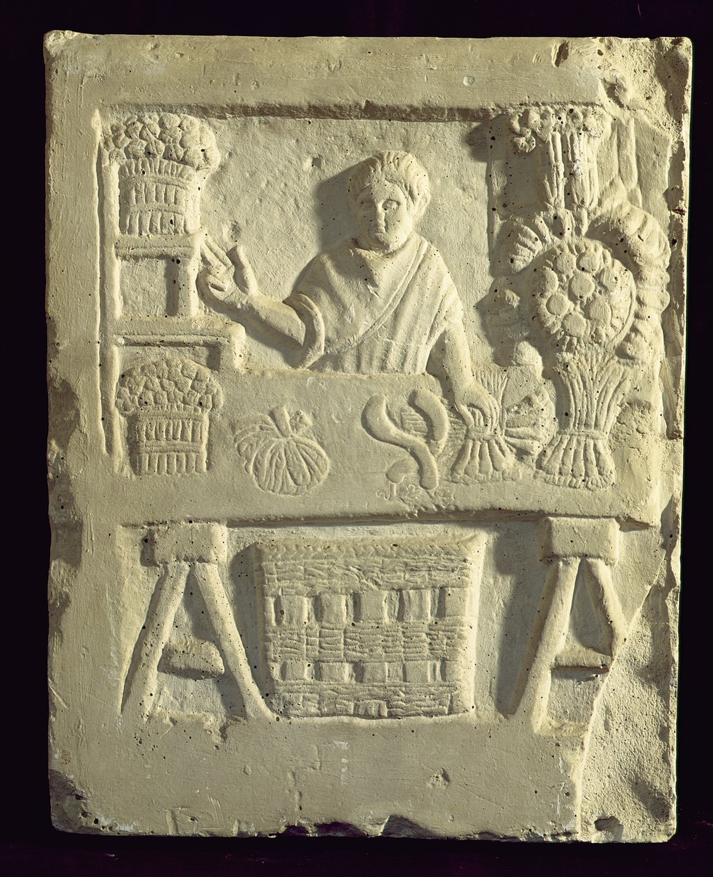Relieve que representa a un vendedor de flores y vegetales de Roman