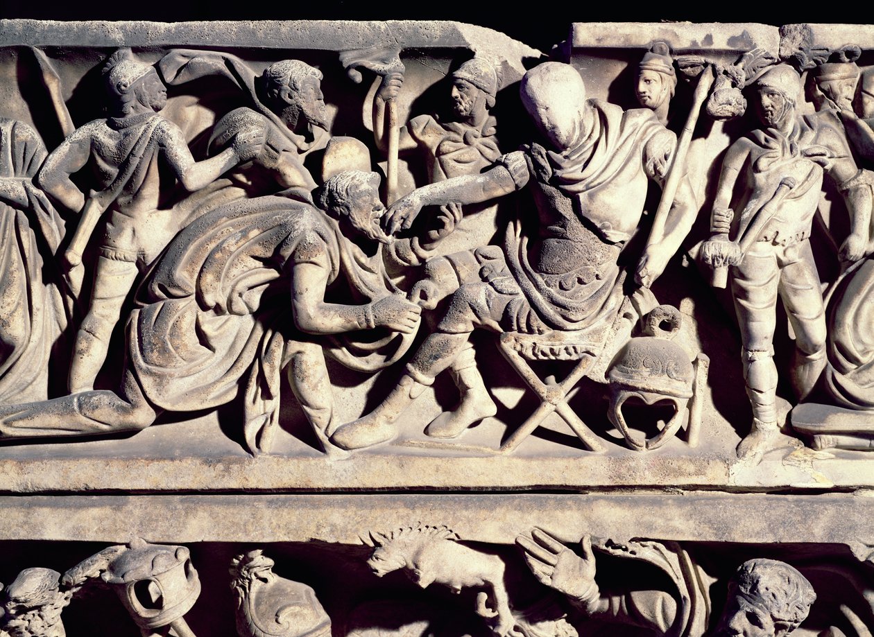 Relieve de un sarcófago que representa la sumisión de un bárbaro a un general romano de Roman