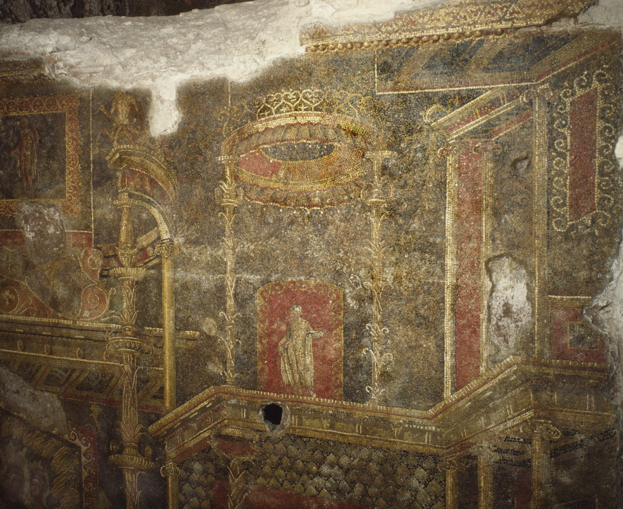 Restos de un edificio antiguo debajo de los cuarteles de los Coraceros en el Quirinal, Roma (mosaico) de Roman