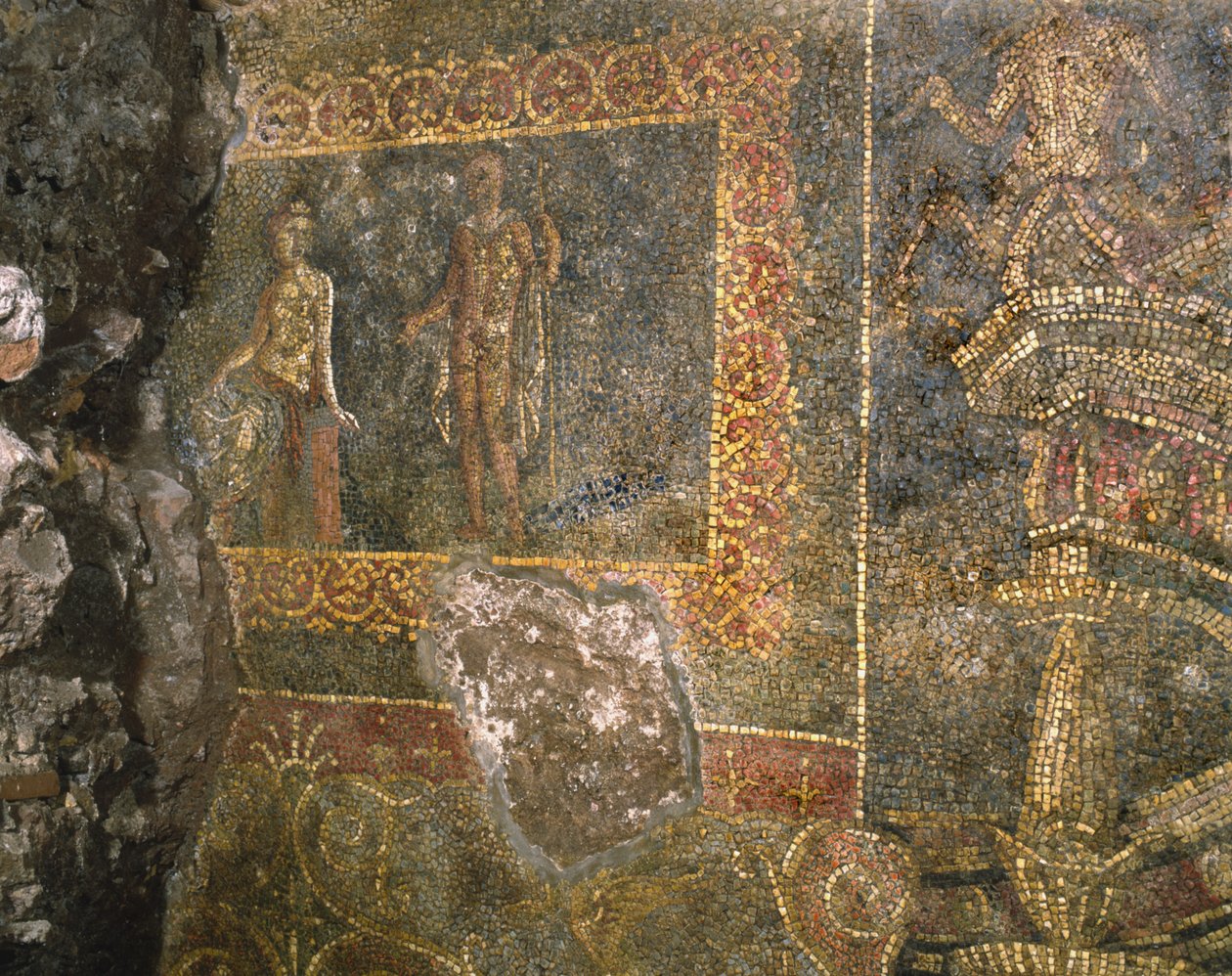 Restos de un edificio antiguo debajo de los cuarteles de los Coraceros en el Quirinal, Roma (mosaico) de Roman