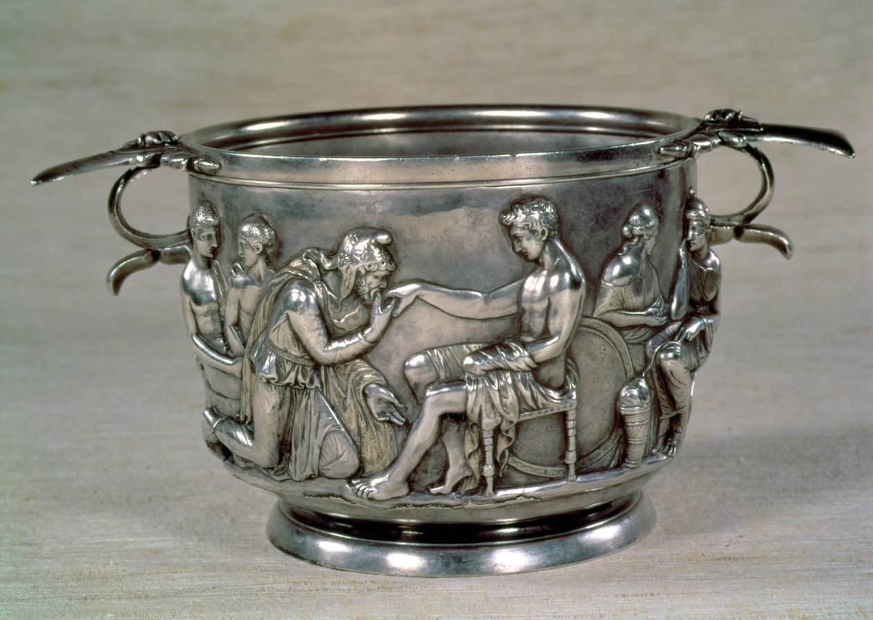 Copa de beber de plata dorada romana que representa al rey Príamo de Troya apelando a Aquiles por el regreso del cuerpo de su hijo Héctor, encontrada en la tumba de un jefe en Hoby, Dinamarca, siglo I a.C. de Roman