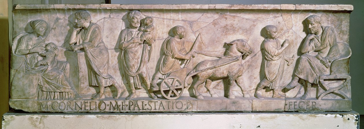 Sarcófago de Cornelius Statius que representa escenas de la vida de un niño de Roman