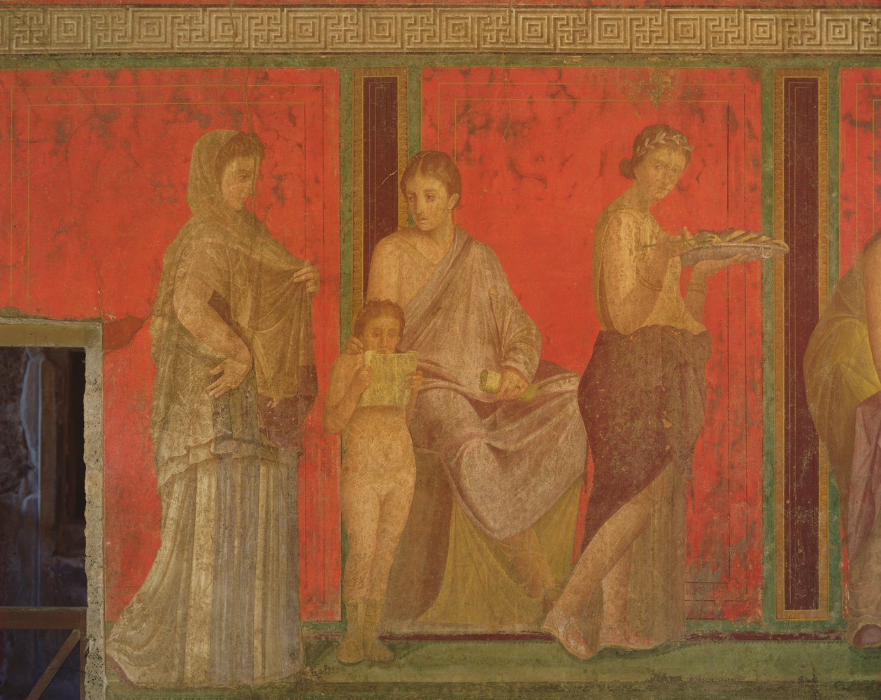 El catecismo con una niña leyendo y el iniciado haciendo una ofrenda, pared norte, Oecus 5, c.60-50 a.C. de Roman