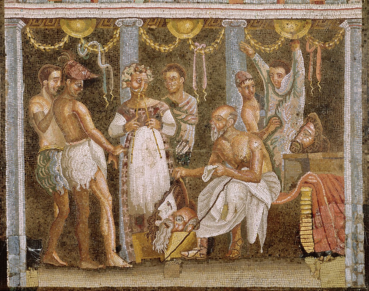 Actores ensayando para una obra de sátiro, c.62-79 d.C. (mosaico) de Roman Imperial Period