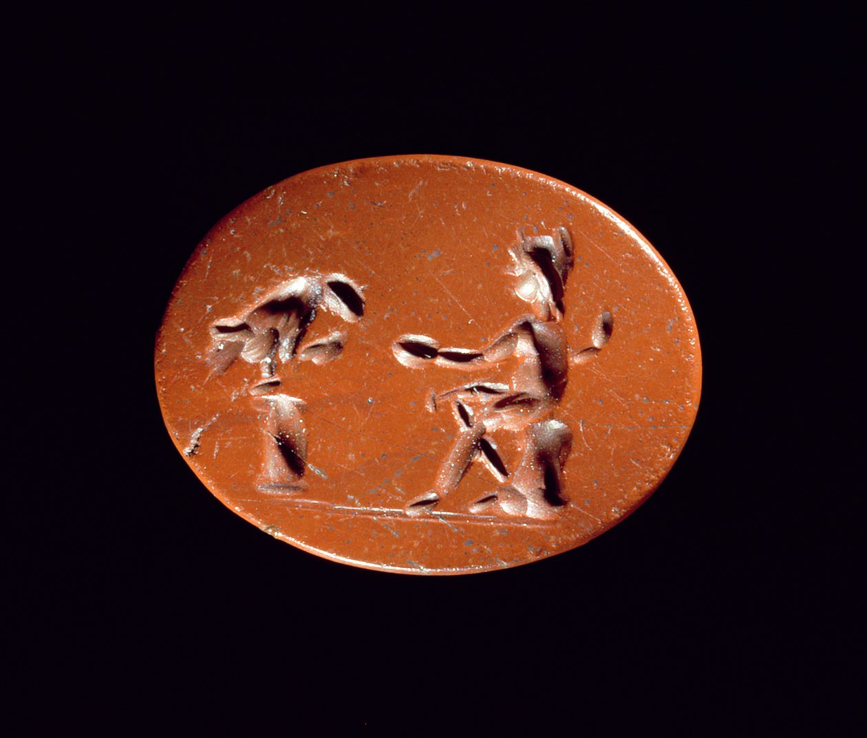 Intaglio mostrando a Ganimedes alimentando al águila, del sitio romano en Newstead, Melrose de Roman Roman