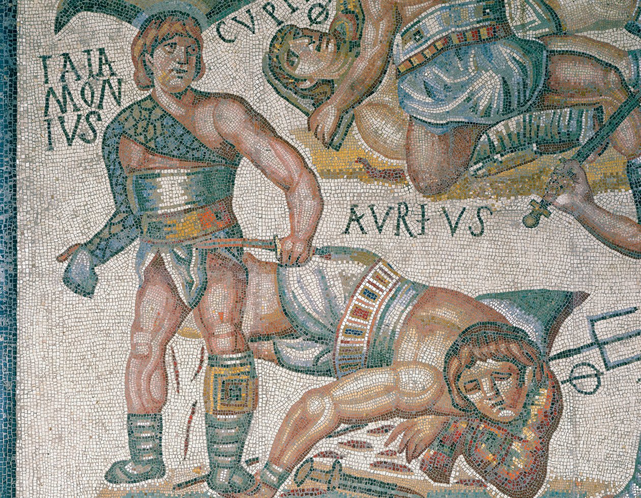 Mosaico que muestra una escena de gladiadores luchando (detalle), alojado en la Galería Borghese en Roma de Roman Roman